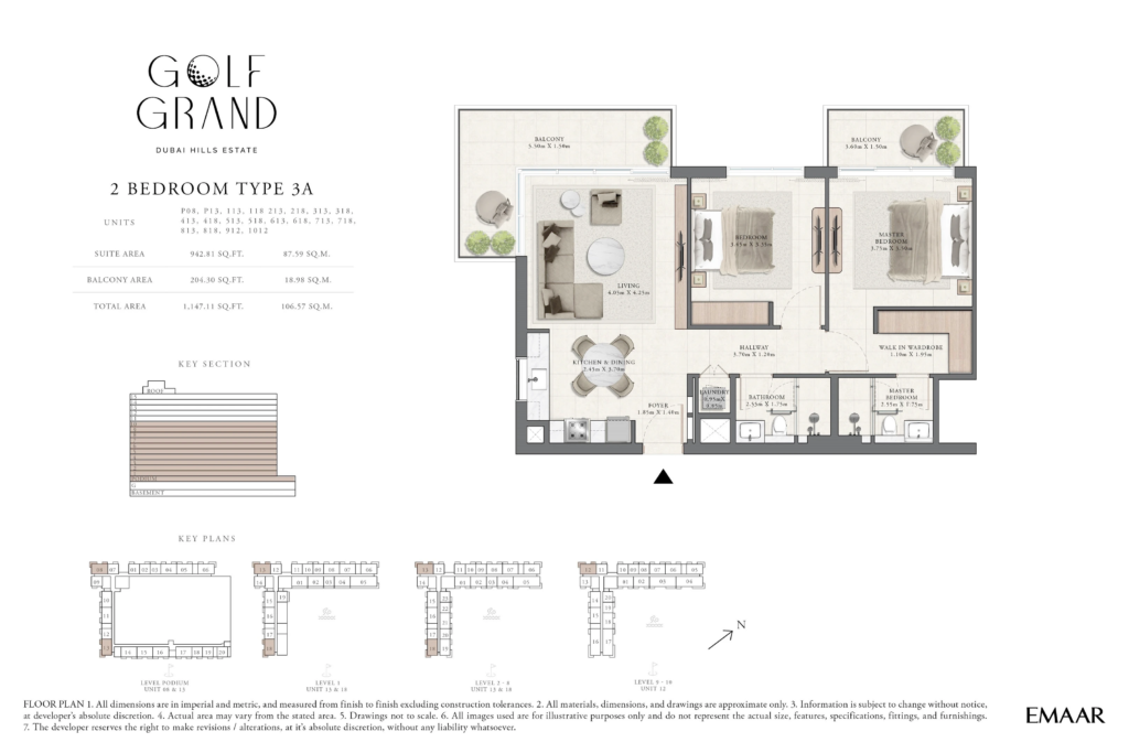 Golf Grand - Dubai Hills Estate -2 Bedroom Type 3A Floor Plan