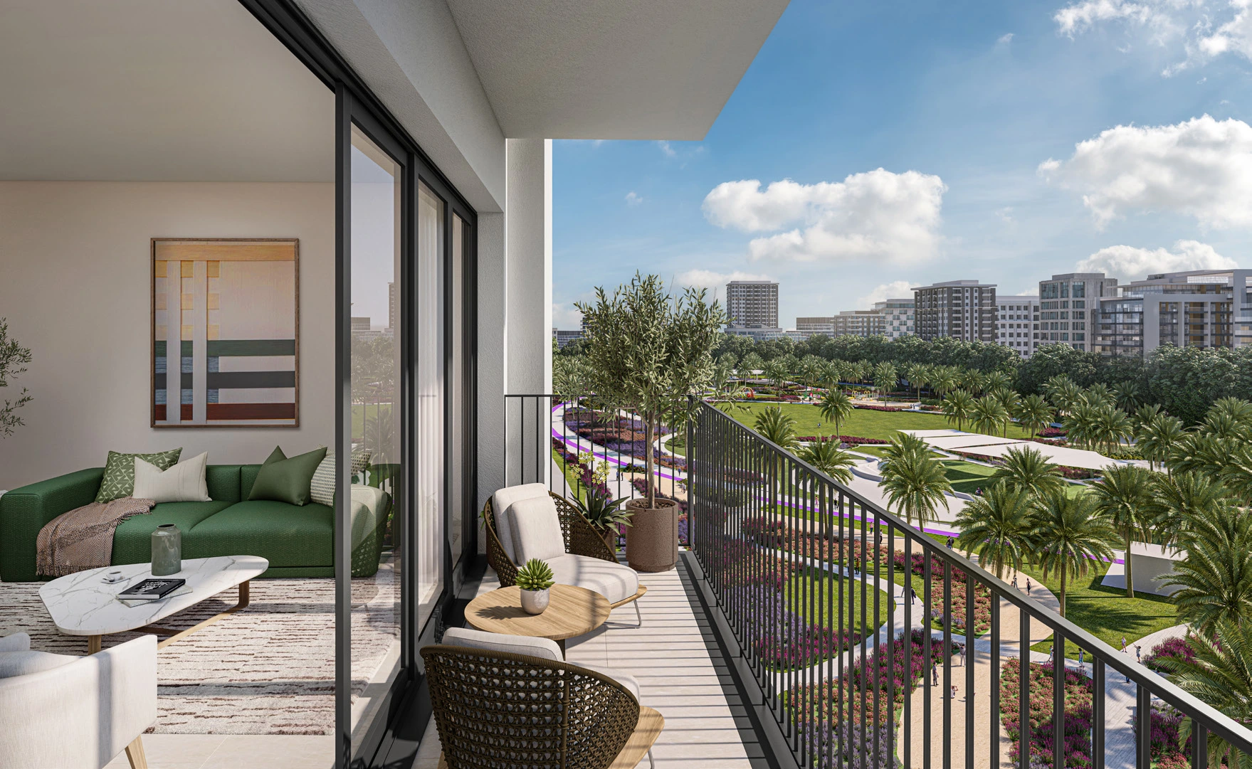 PARK HORIZON BUILDING - Dubai Hills Estate - Balcony View Overlooking the Park & Partial View of the Living Room